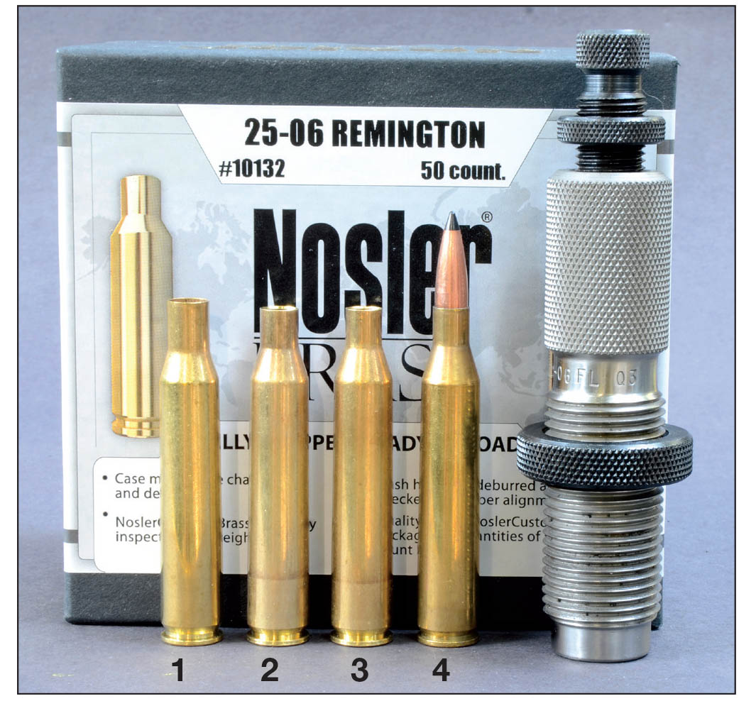 Cases are easily formed by running virgin .30-06 or .25-06 brass through a 6mm-06 full-length resizing die, but some chambers may require reducing neck diameter of the .30-06 by reaming or outside-turning. Cases include the (1) .30-06, (2) .25-06, (3) 6mm-06 case and a (4) 6mm-06 loaded round.